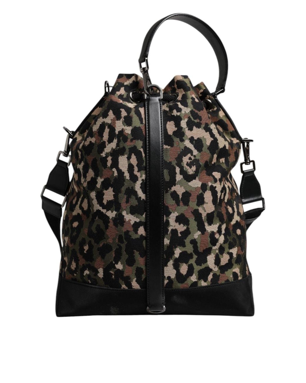 Dolce & Gabbana Black Multicolor Leopard Cotton Shoulder Bucket Bag for men