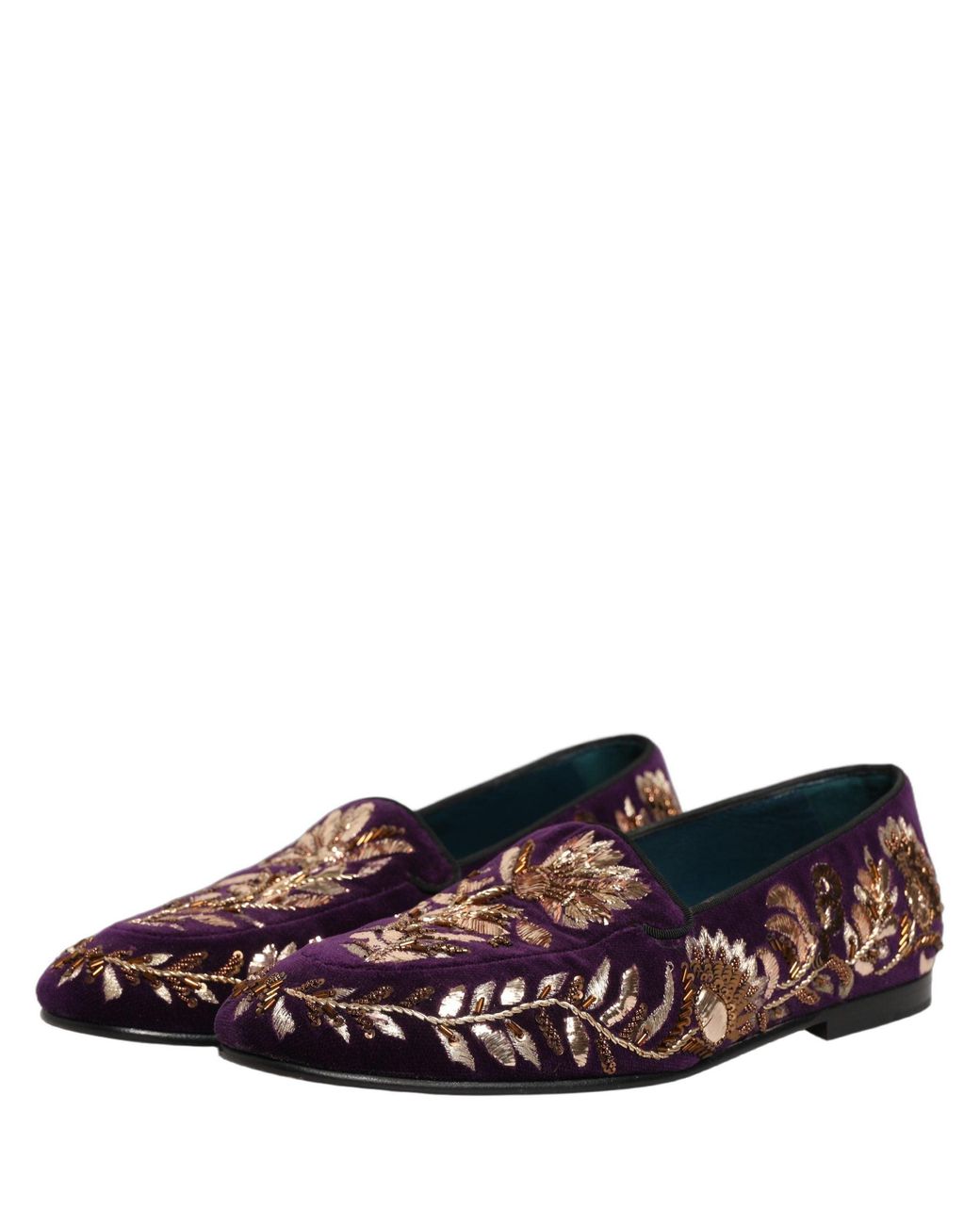 Dolce & Gabbana Multicolor Violet Velvet Floral Embroidery Loafers Shoes for men
