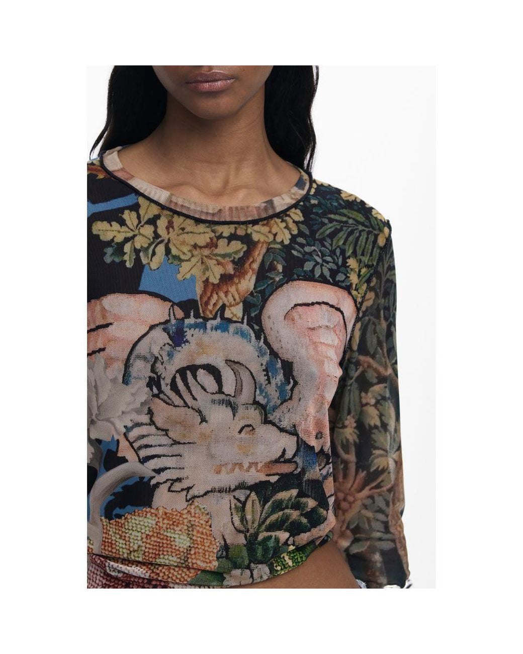 Desigual Blue Floral Mesh Long Sleeve Top