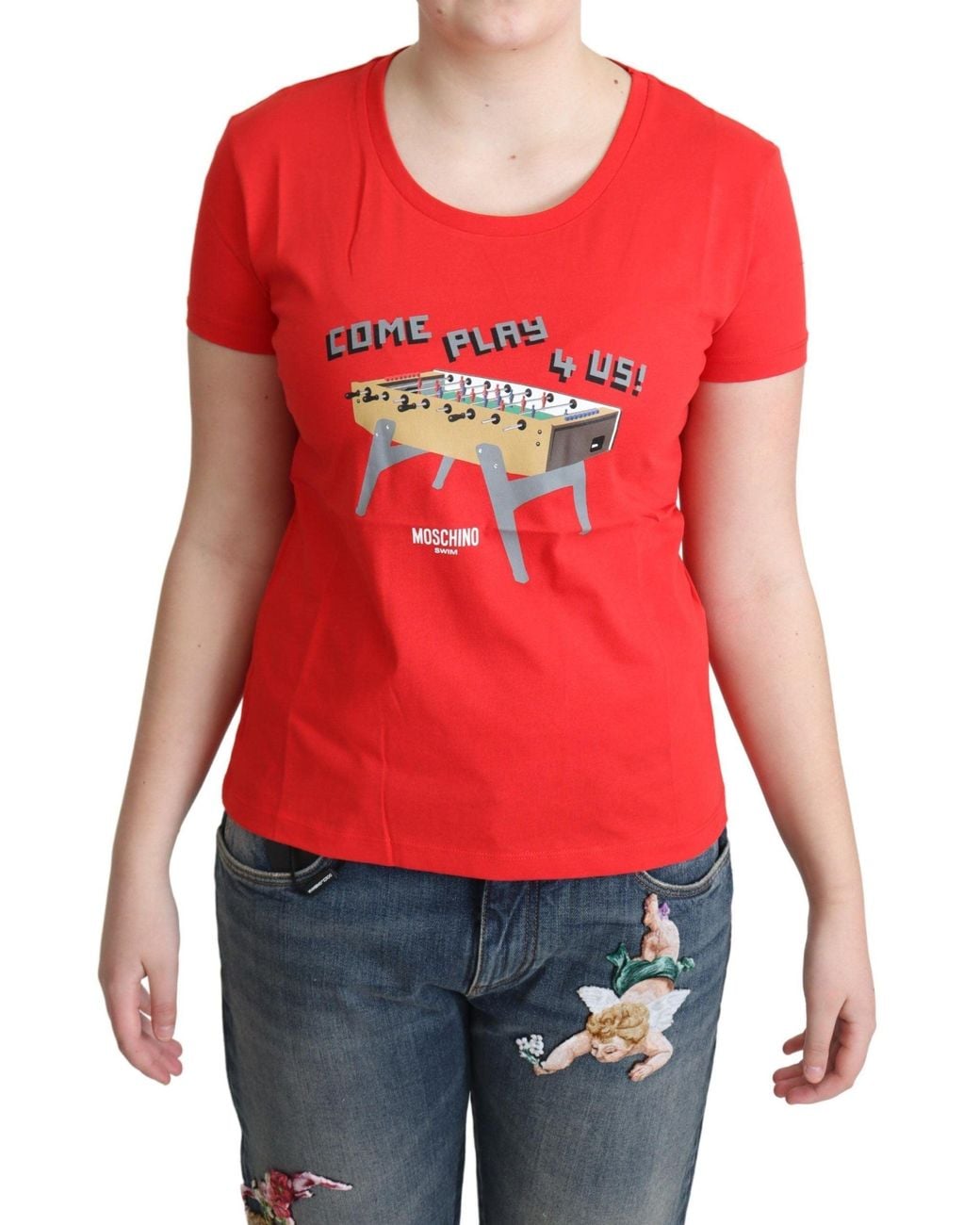 Moschino Red Cotton Come Play 4 Us Print Tops Blouse T-Shirt