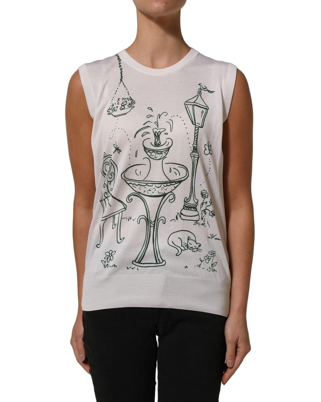 Dolce & Gabbana Gray Silk Knit Garden Fountain Print Tank Top
