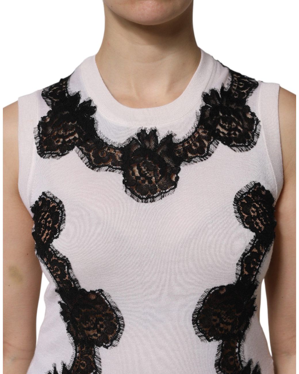 Dolce & Gabbana White Cashmere Floral Lace Detailing Tank Top for men