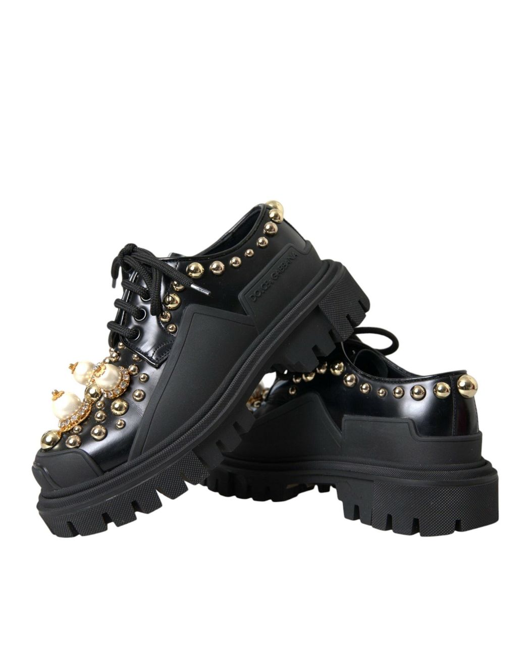 Dolce & Gabbana Black Leather Trekking Derby Embellished Shoes