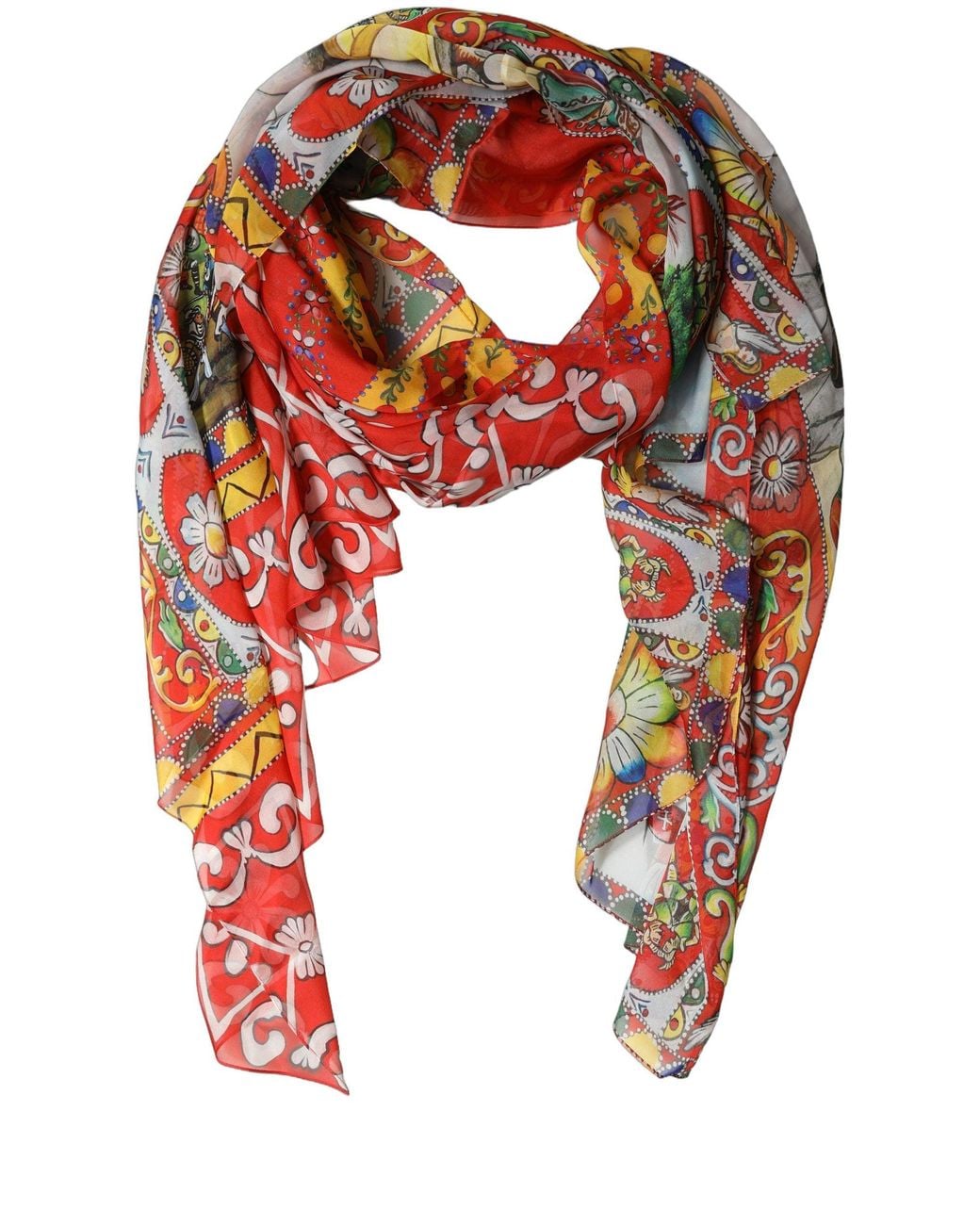 Dolce & Gabbana Red Multicolor Silk Printed Shawl Stole Scarf