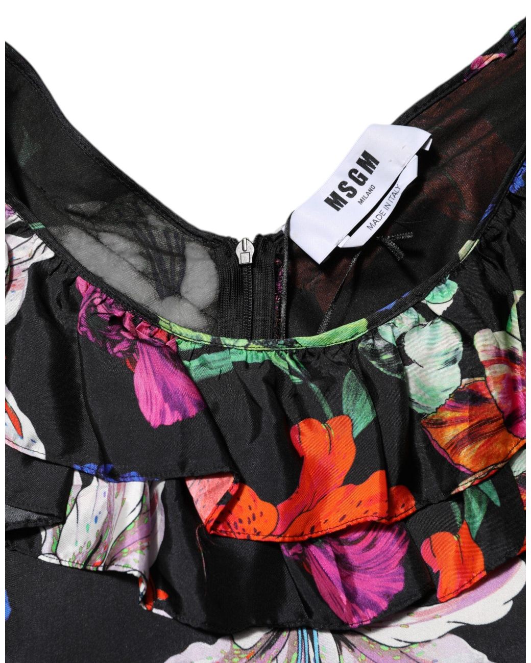 MSGM Black Floral Print Ruffletrim Dress