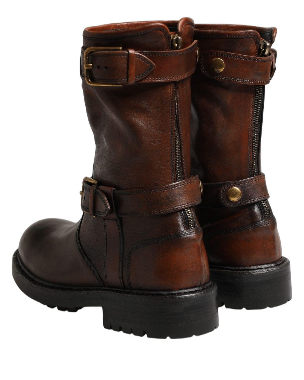 Dolce & Gabbana Brown Leather Mid Calf Biker Boots Shoes for men