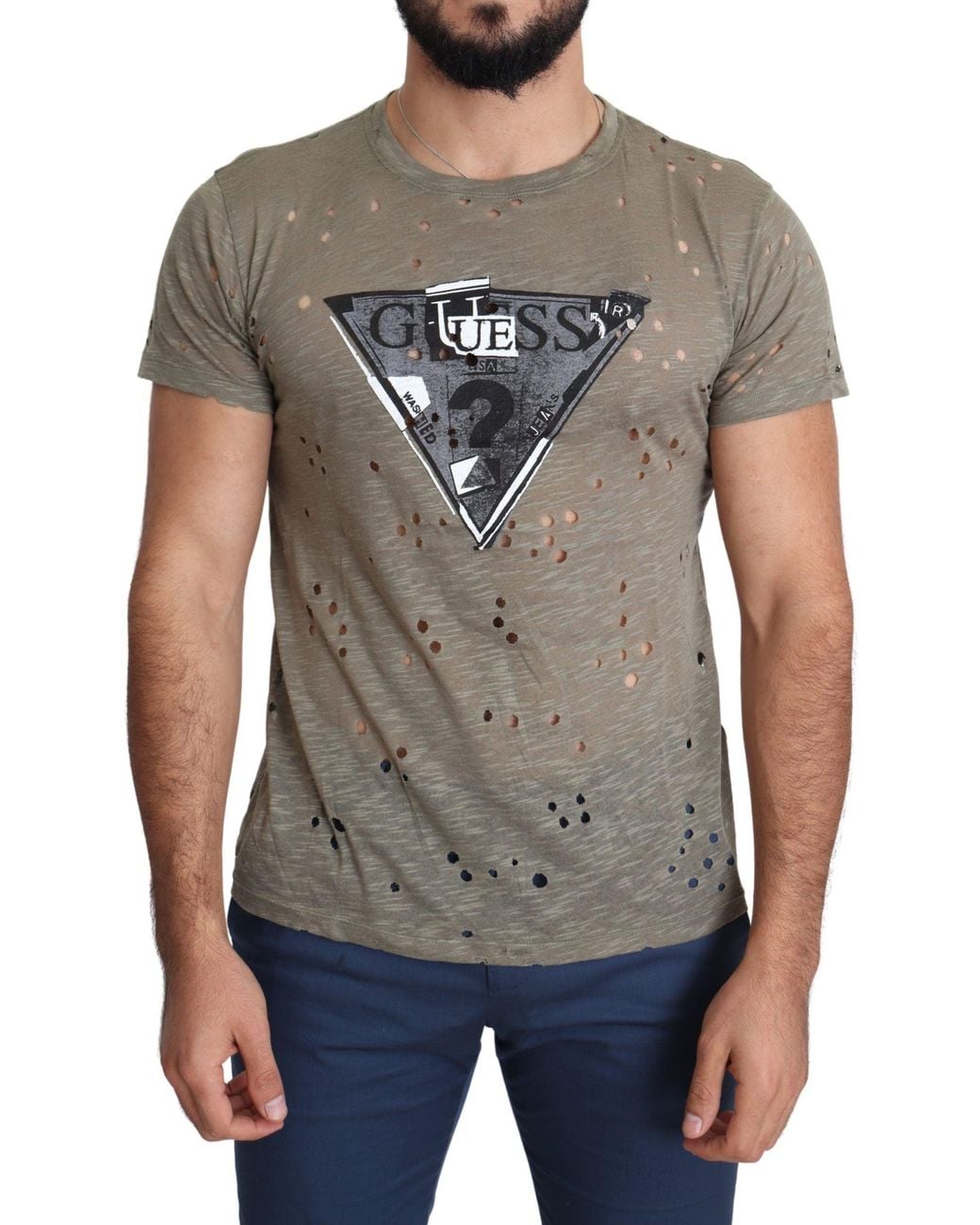 Guess Gray Cotton Stretch Logo Print Casual Perforated T-Shirt for men