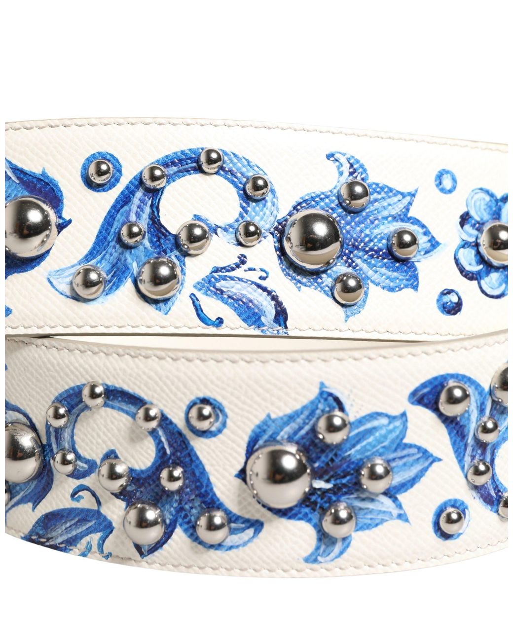 Dolce & Gabbana Blue Floral Leather Stud Accessory Shoulder Strap Calf