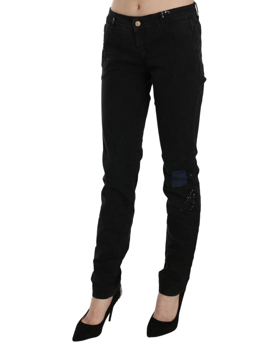 John Galliano Black Low Waist White Paint Skinny Denim Pants Jeans