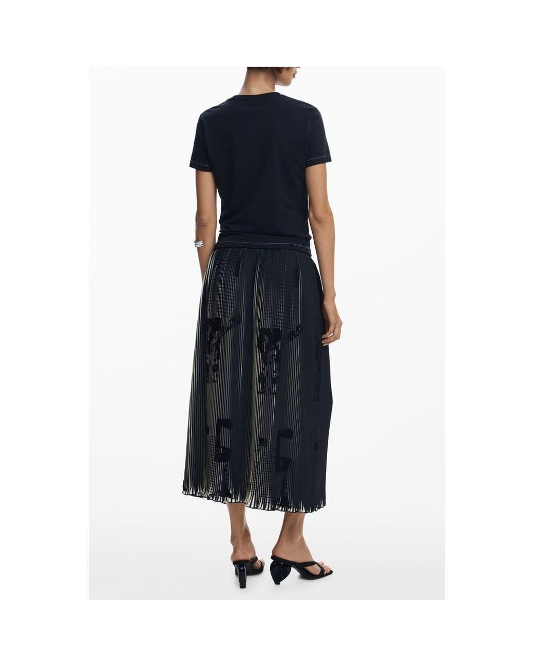 Desigual Black Pleated Graphic Midi Skirt