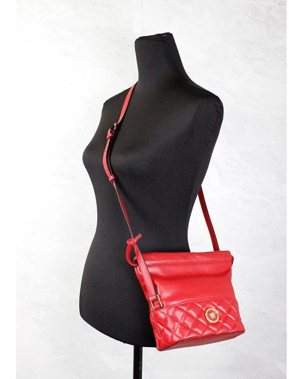 Versace Red Quilted Leather Drawstring Shoulder Bag Bucket Crossbody Handbag
