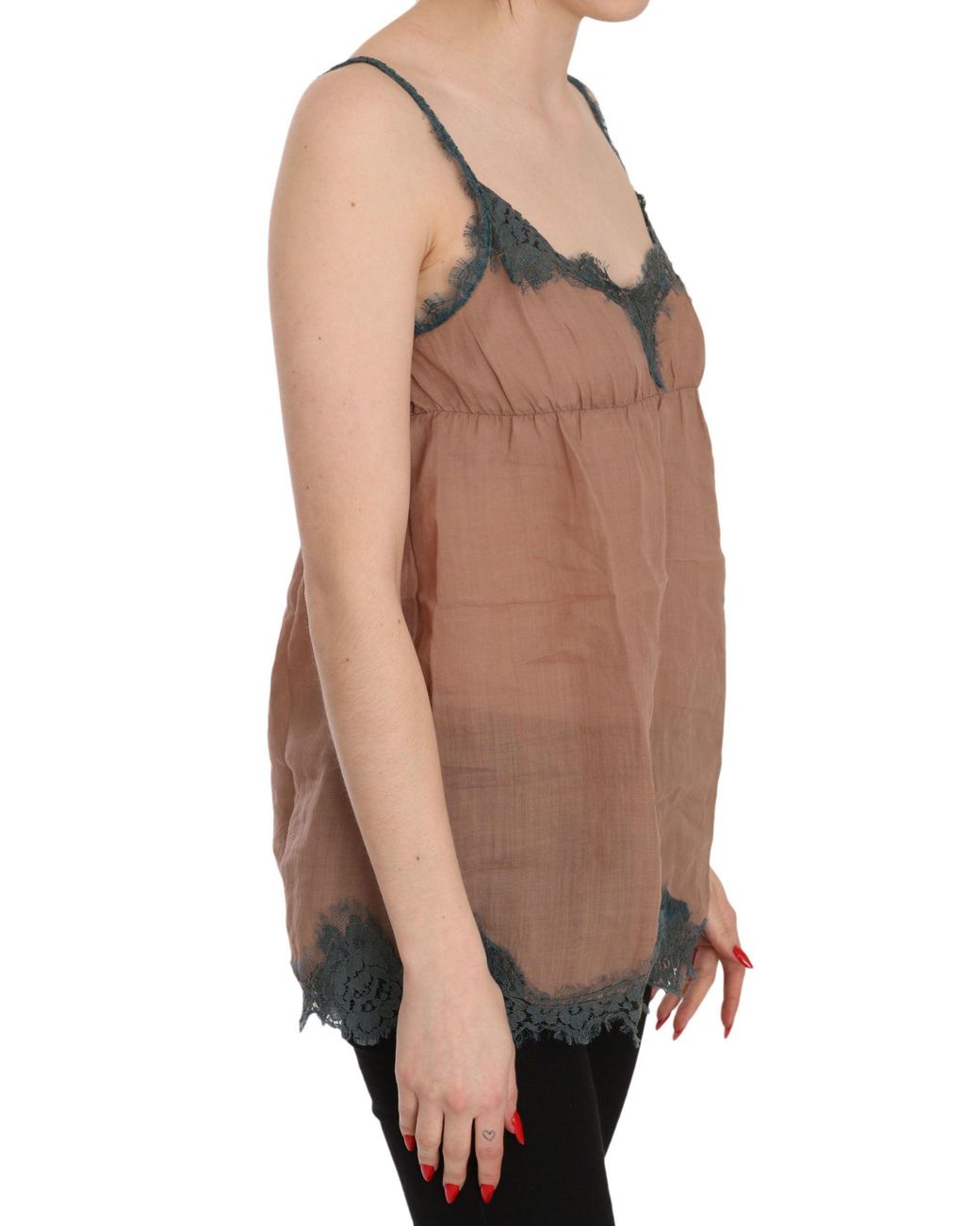 Pink Memories Brown Lace Spaghetti Strap Tank Top Blouse