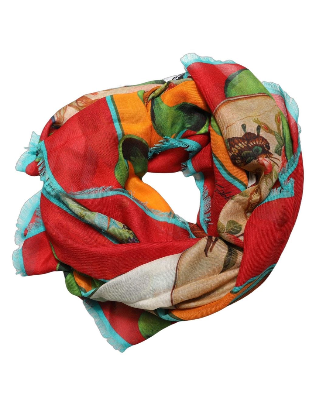Dolce & Gabbana Red Multicolor Marco Polo Motifs Shawl Scarf