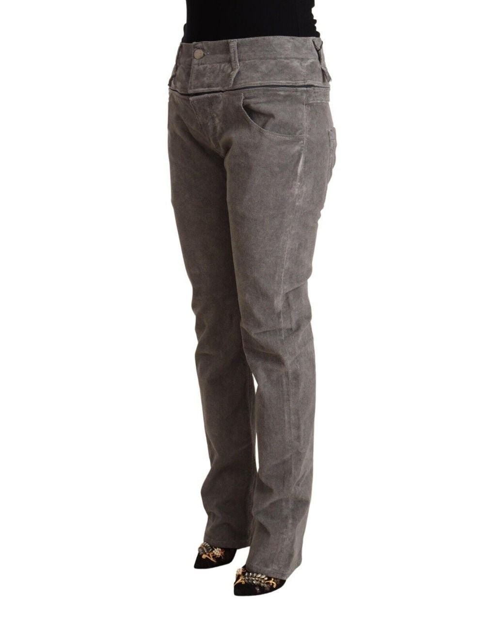 Acht Black Gray Cotton Straight Fit High Waist Pants
