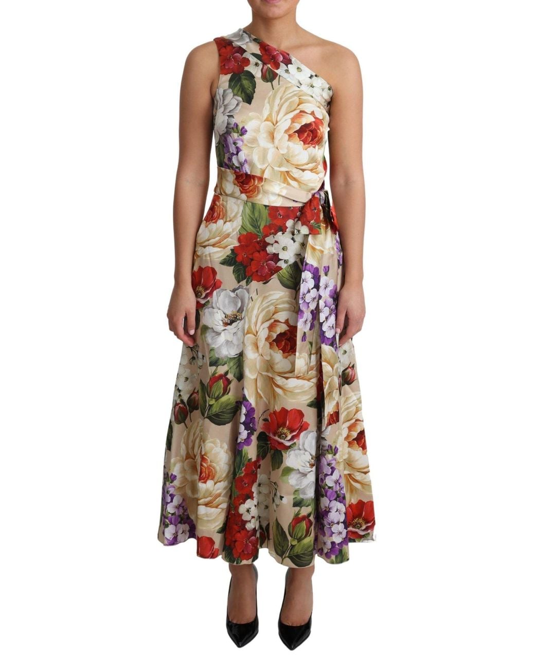 Dolce & Gabbana Brown Elegant One-Shoulder Floral Silk Maxi Dress