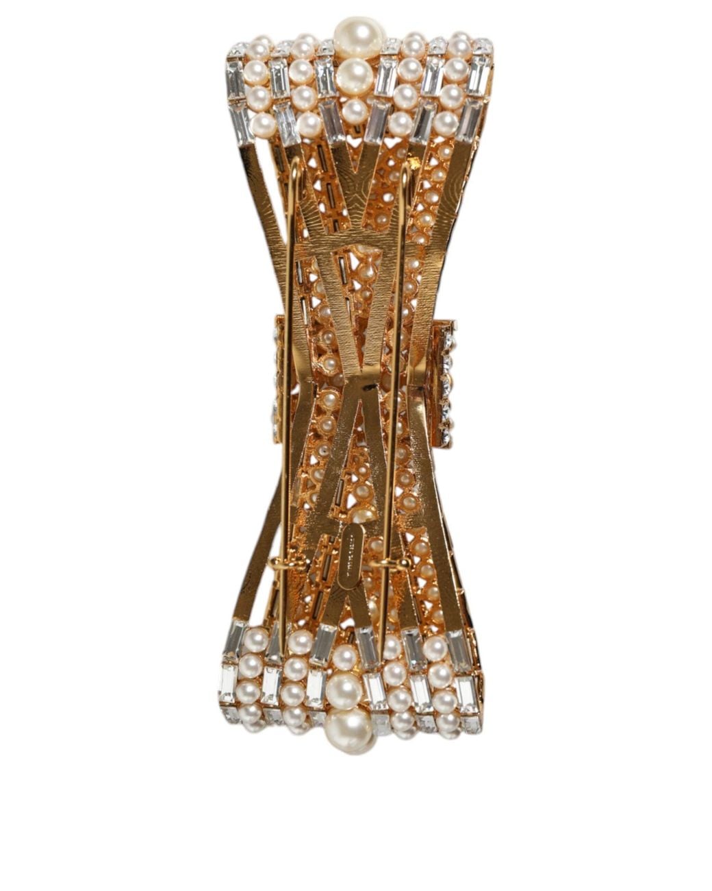 Dolce & Gabbana Natural Tone Brass Bow Crystal Fauxpearl Embellished Brooch