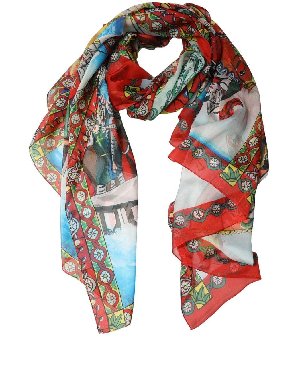 Dolce & Gabbana Red Multicolor Silk Printed Shawl Stole Scarf
