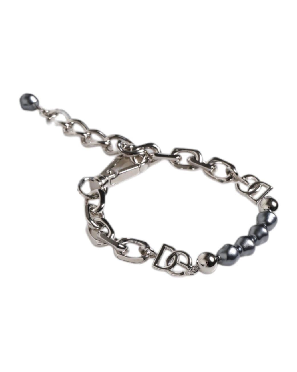 Dolce & Gabbana Metallic Tone Chain Lobster Clasp Logo Pearls Bracelet for men