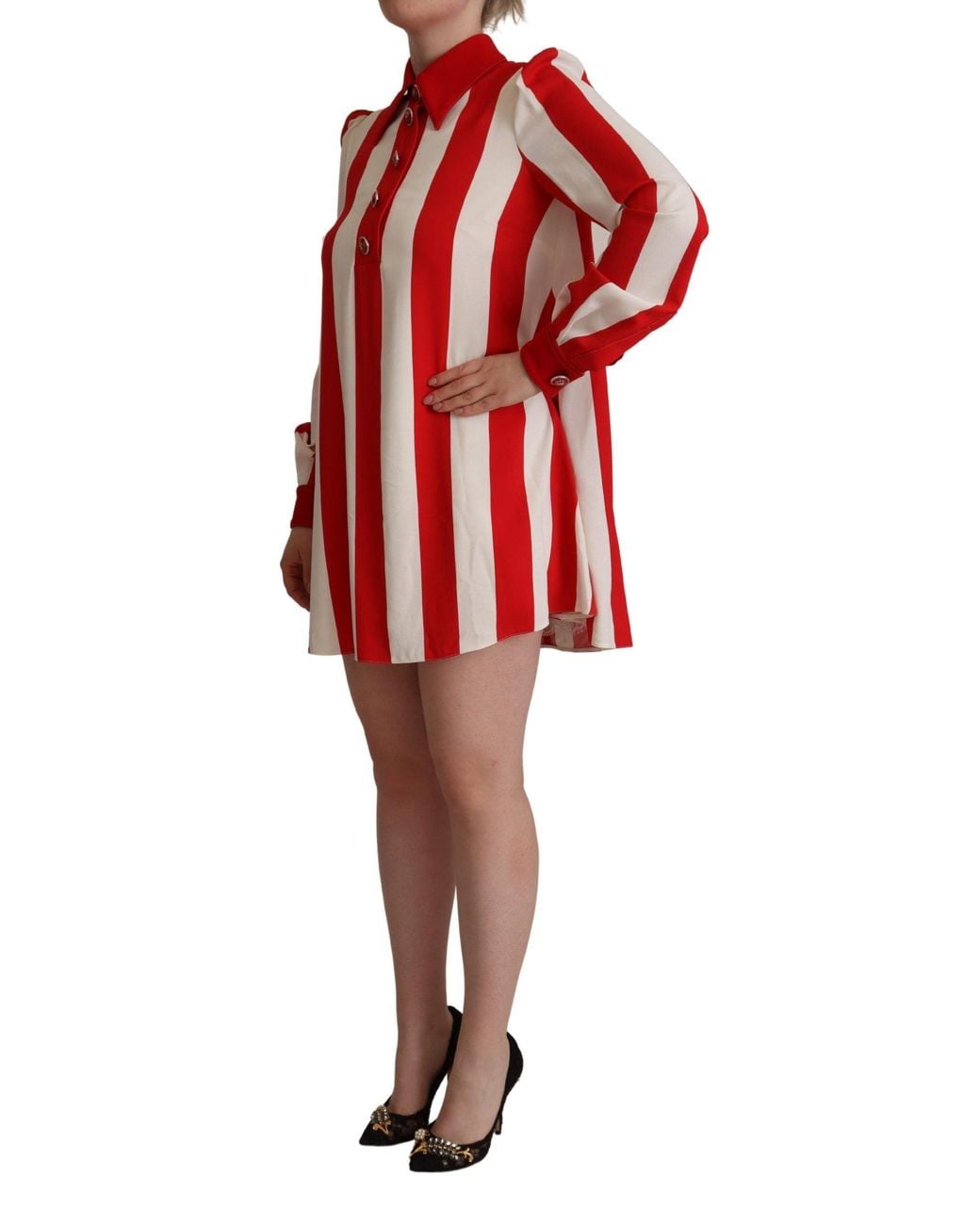 Dolce & Gabbana Red Elegant Striped Shirt Mini Dres
