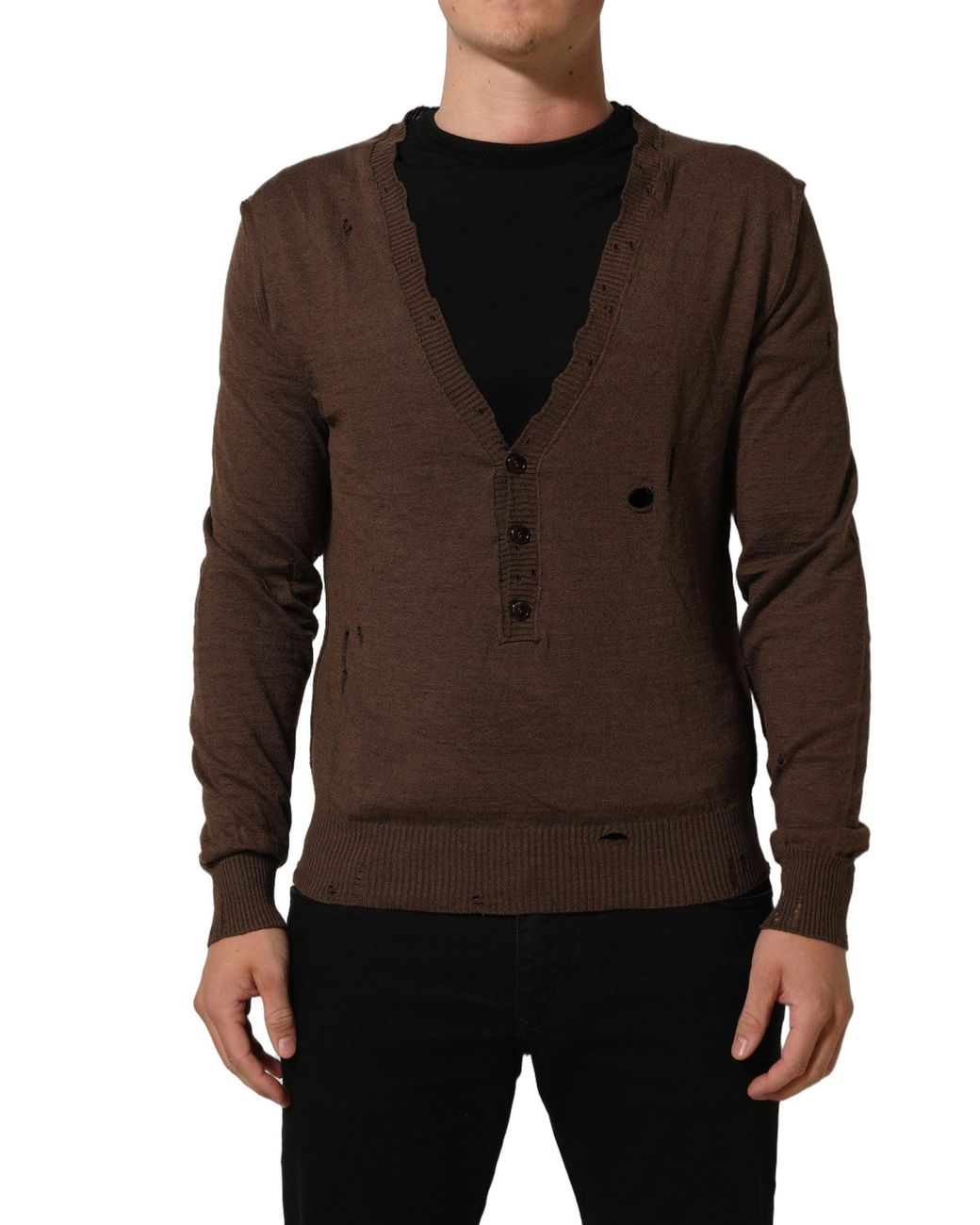 Dolce & Gabbana Brown Flax Buttoned V-Neck Pullover Sweater Cotton Clothing for men