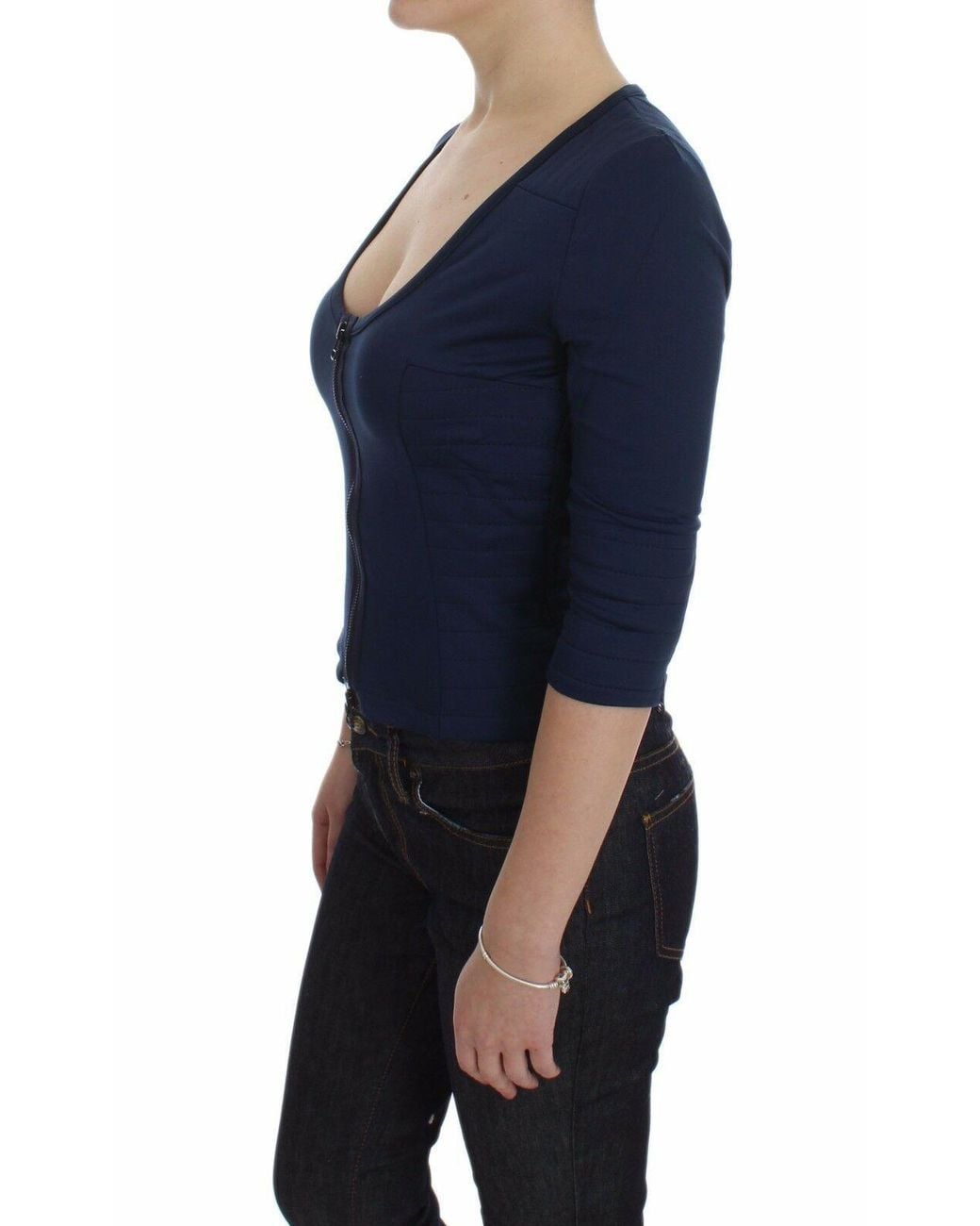 Exte Blue Cotton Top Zipper Deep Crew
