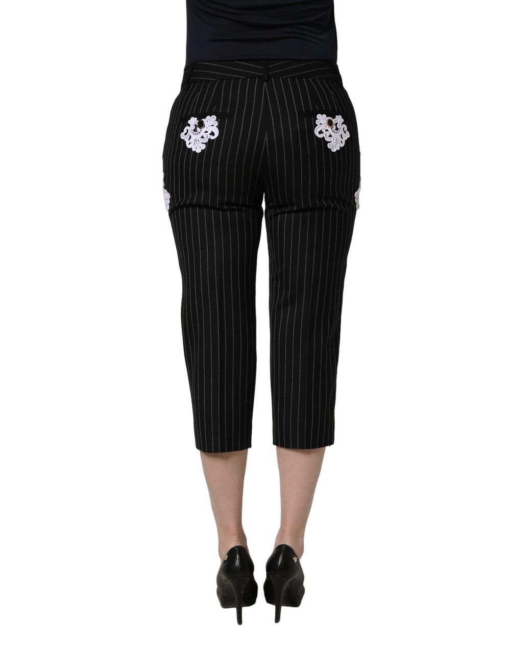 Dolce & Gabbana Black Lace Applique Pinstripe Cropped Pants
