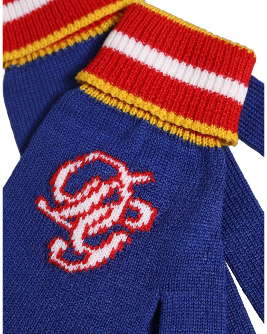 Dolce & Gabbana Blue Striped Wool Dg Logo Embroidered Gloves Virgin for men