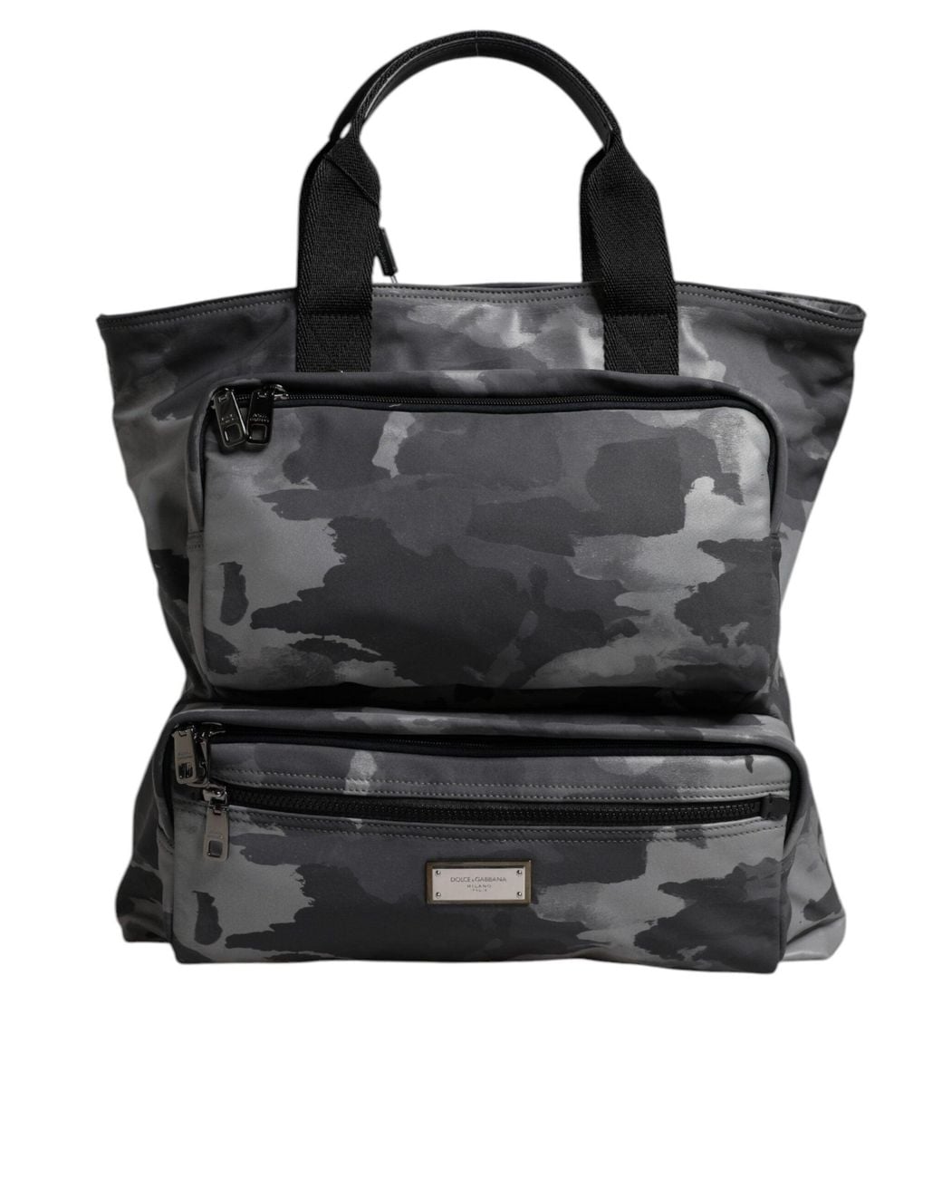 Dolce & Gabbana Black Gray Camo Cotton Multiple Compartments Tote Bag for men