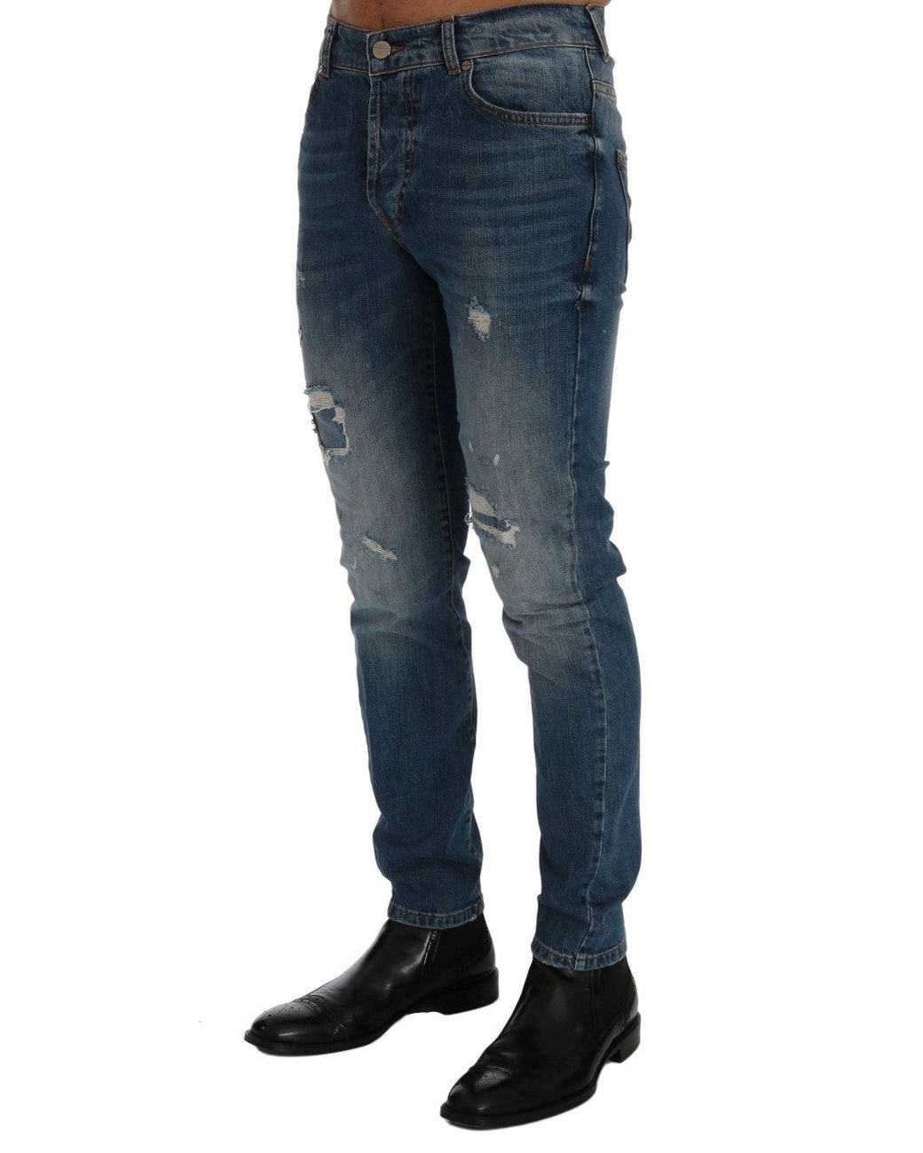 Frankie Morello Blue Wash Torn Dunfermile Slim Fit Jeans for men