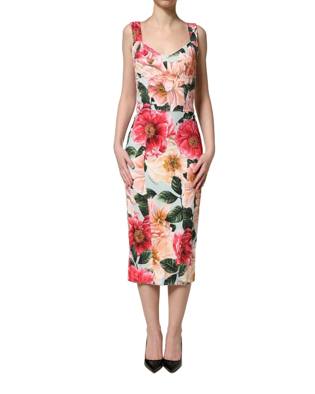 Dolce & Gabbana Red Multicolor Floral Print Viscose Sheath Dress