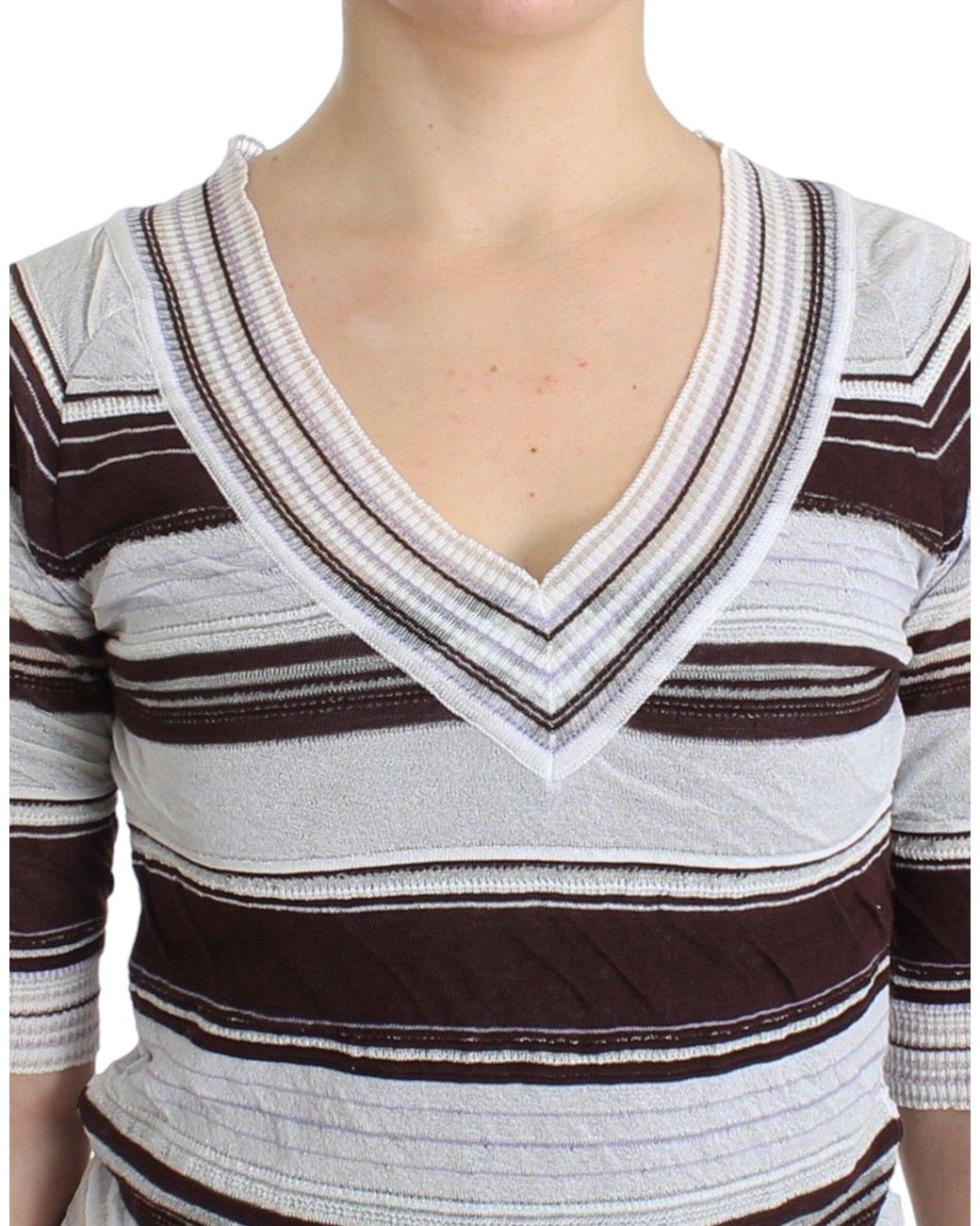 Ermanno Scervino Black Striped V-Neck Knit Top With Lace Hem