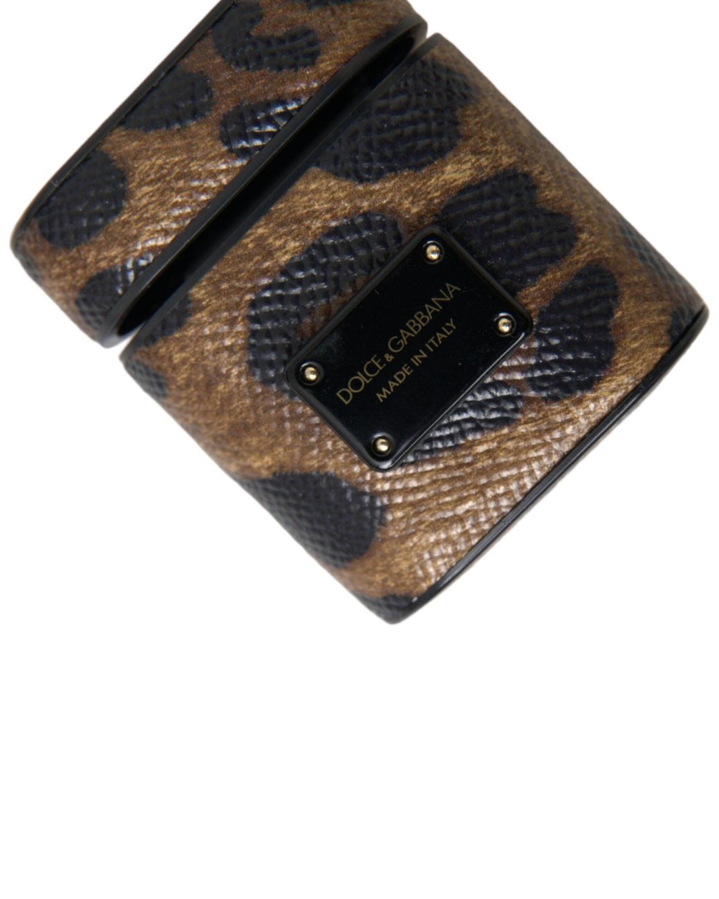 Dolce & Gabbana Black Leopard Calf Leather Metal Logo Plaque Airpods Case
