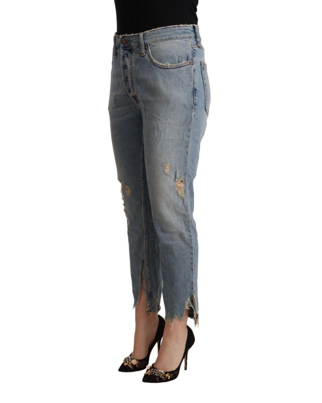 CYCLE Light Blue Distressed Mid Waist Cropped Denim Jeans