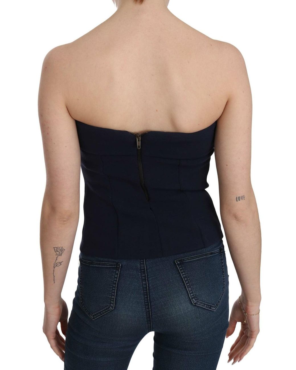 CoSTUME NATIONAL Blue Strapless Zipper Back Tube Top Blouse