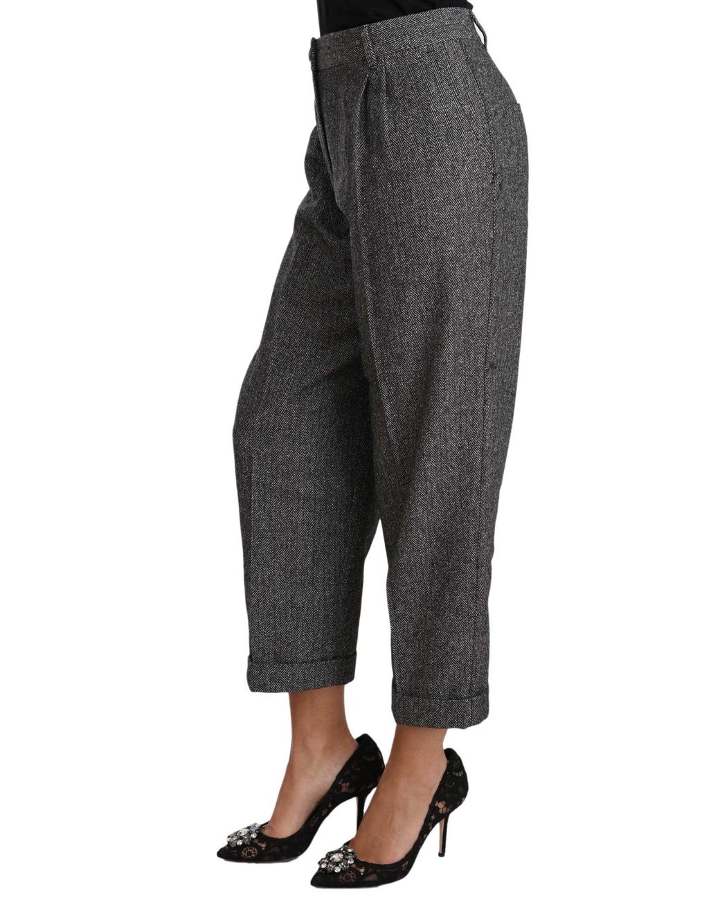 Dolce & Gabbana Black Wool Pleated Cropped Trouser Pants
