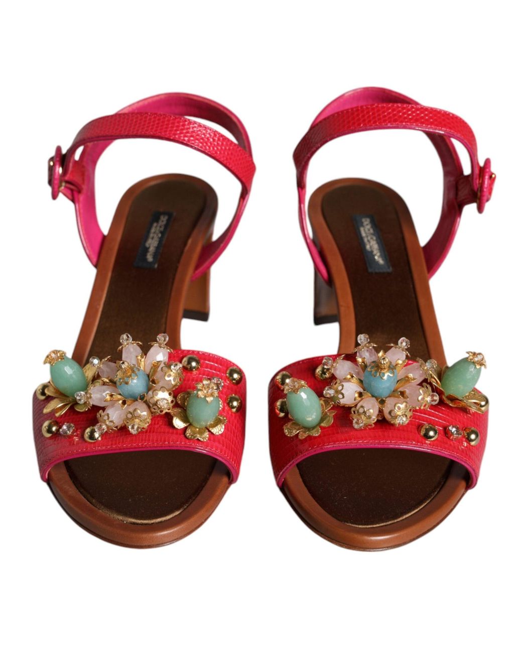 Dolce & Gabbana Red Leather Embellished Keira Sandals Shoes