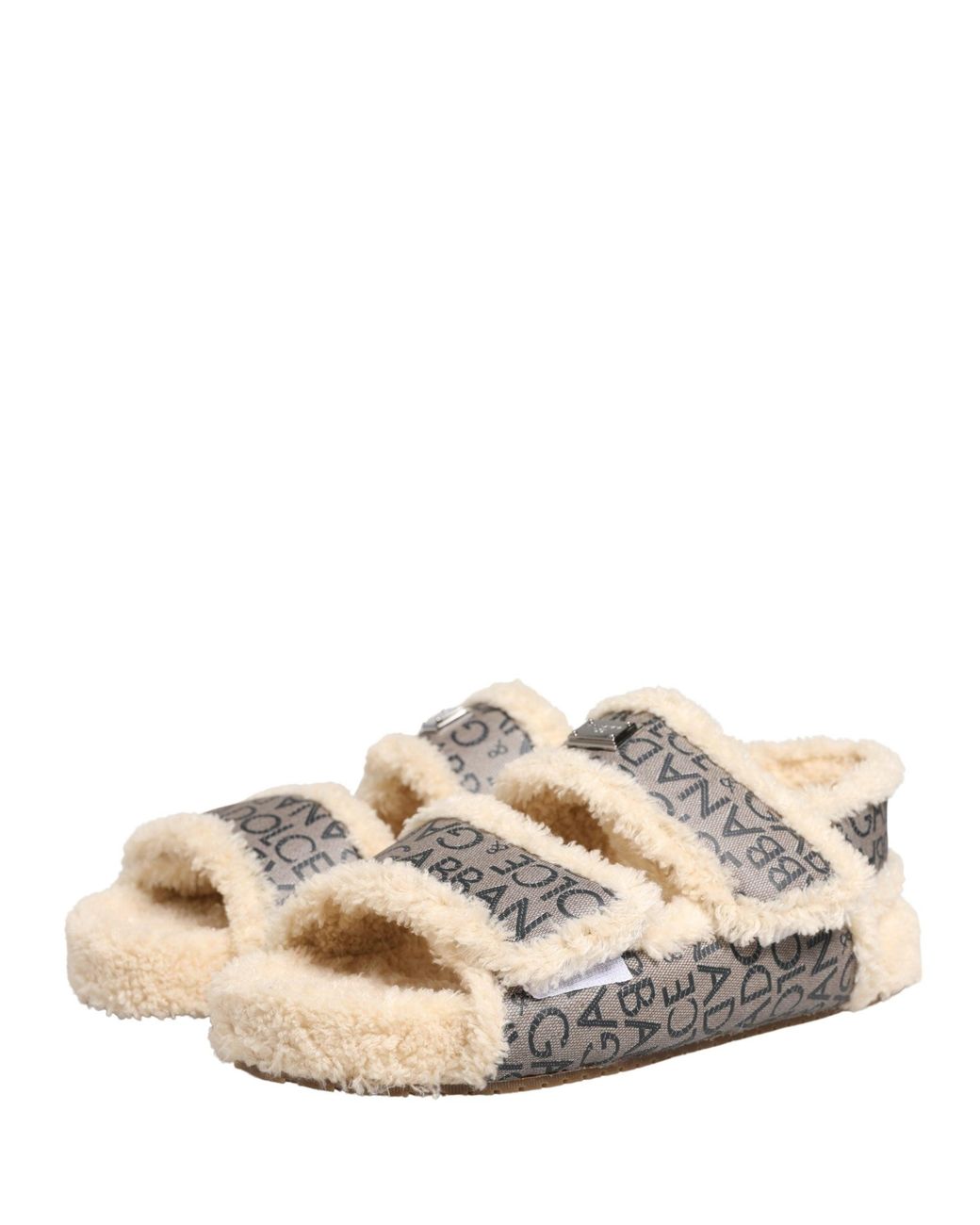 Dolce & Gabbana Natural Beige Faux Fur Logo Print Flats Sandals Shoes for men