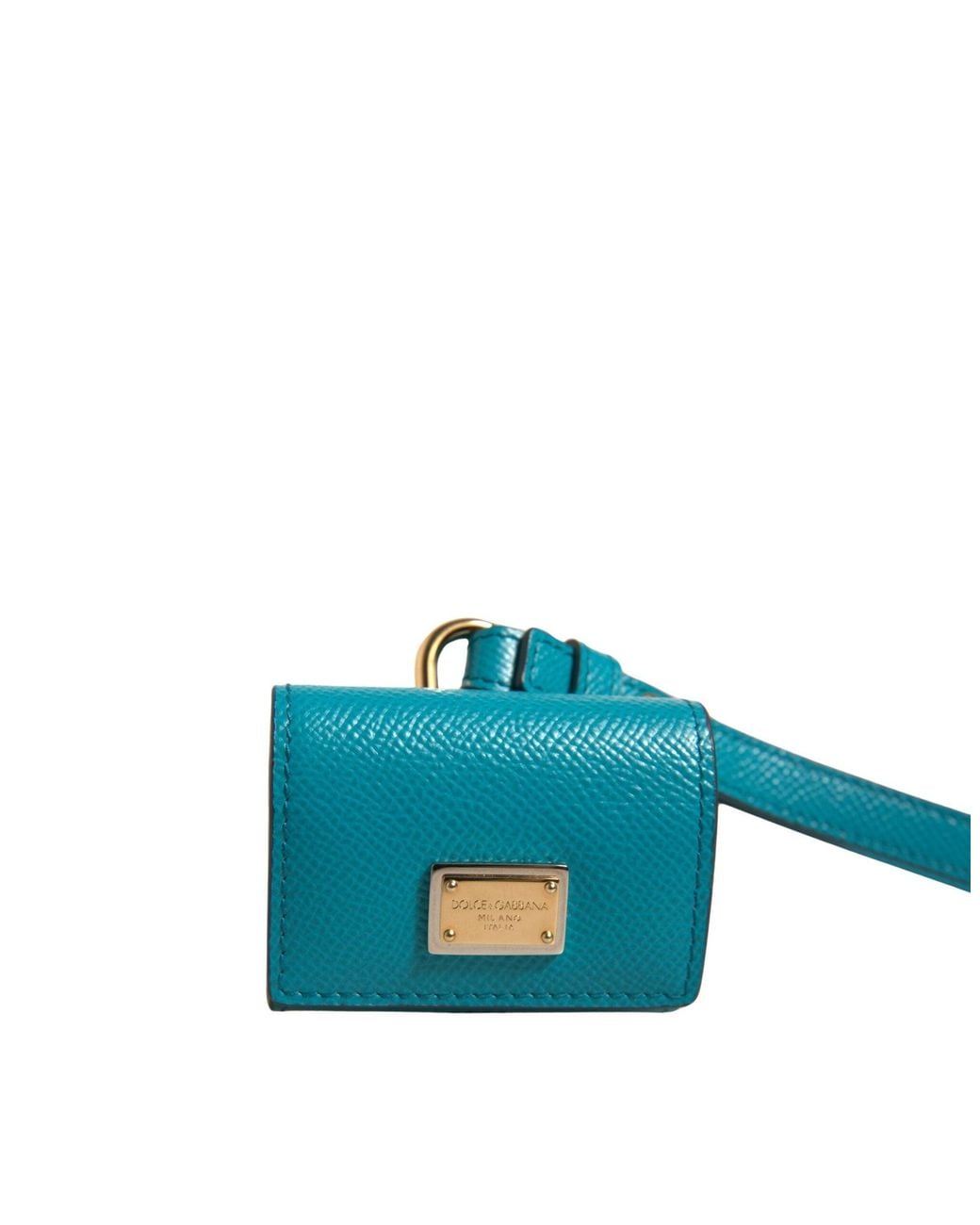 Dolce & Gabbana Blue Green Logo Plaque Leather Gold Metal Strap Airpods Case