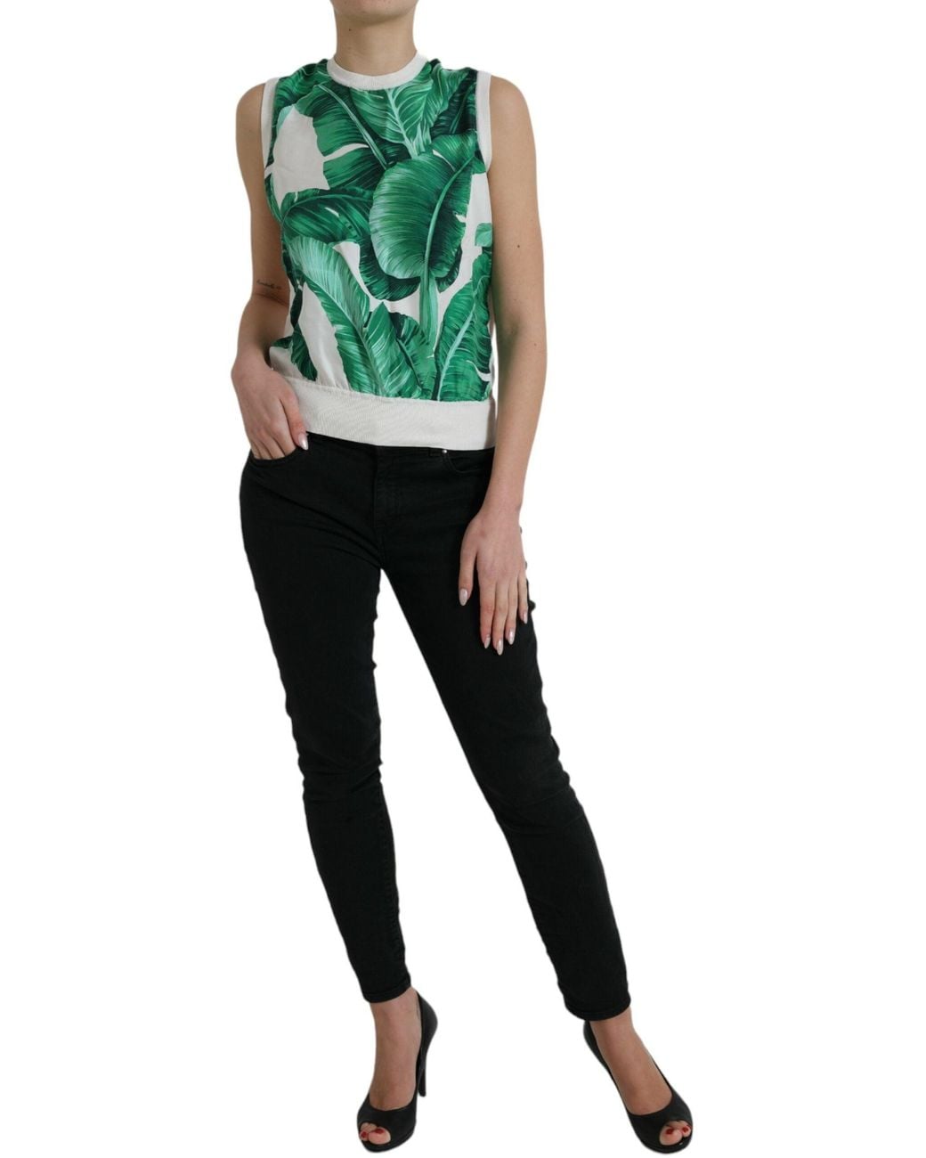 Dolce & Gabbana Green Banana Leaf Print Crew Neck Tank Top