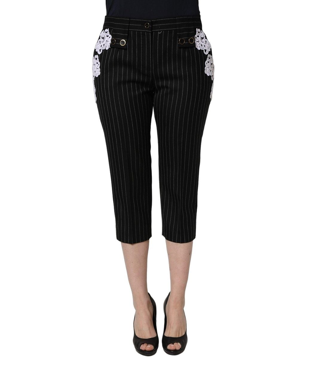 Dolce & Gabbana Black Lace Applique Pinstripe Cropped Pants