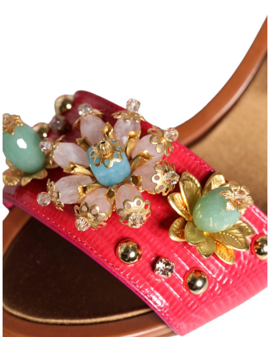 Dolce & Gabbana Red Leather Embellished Keira Sandals Shoes