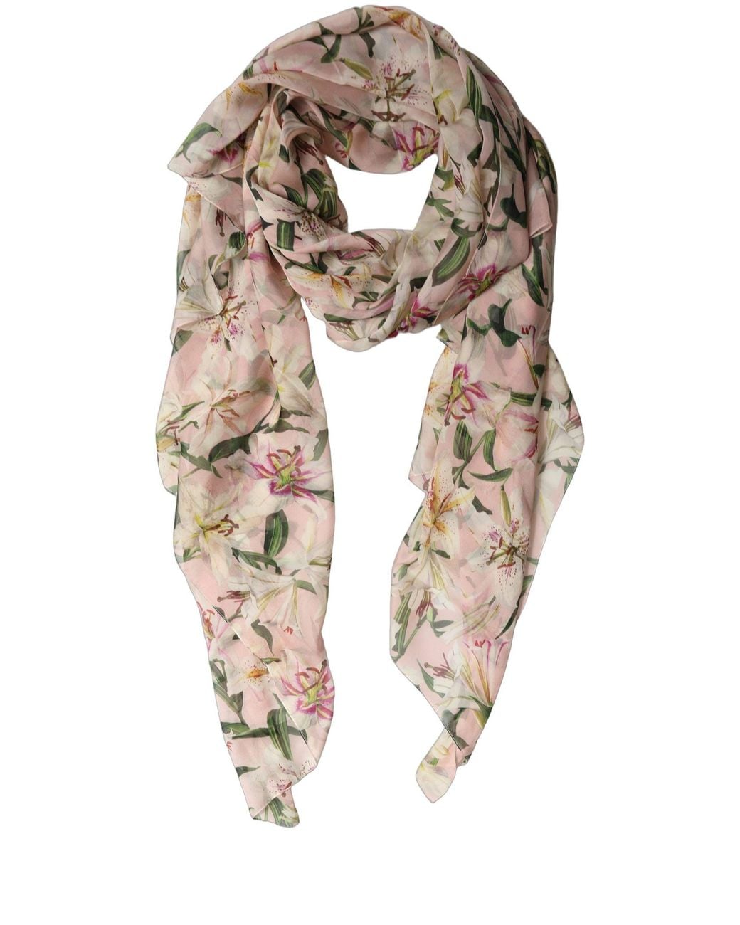Dolce & Gabbana White Pink Silk Floral Chiffon Long Stole Scarf