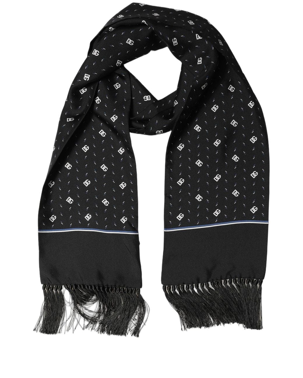 Dolce & Gabbana Black Silk Dg Logo Men Fringed Shawl Scarf for men