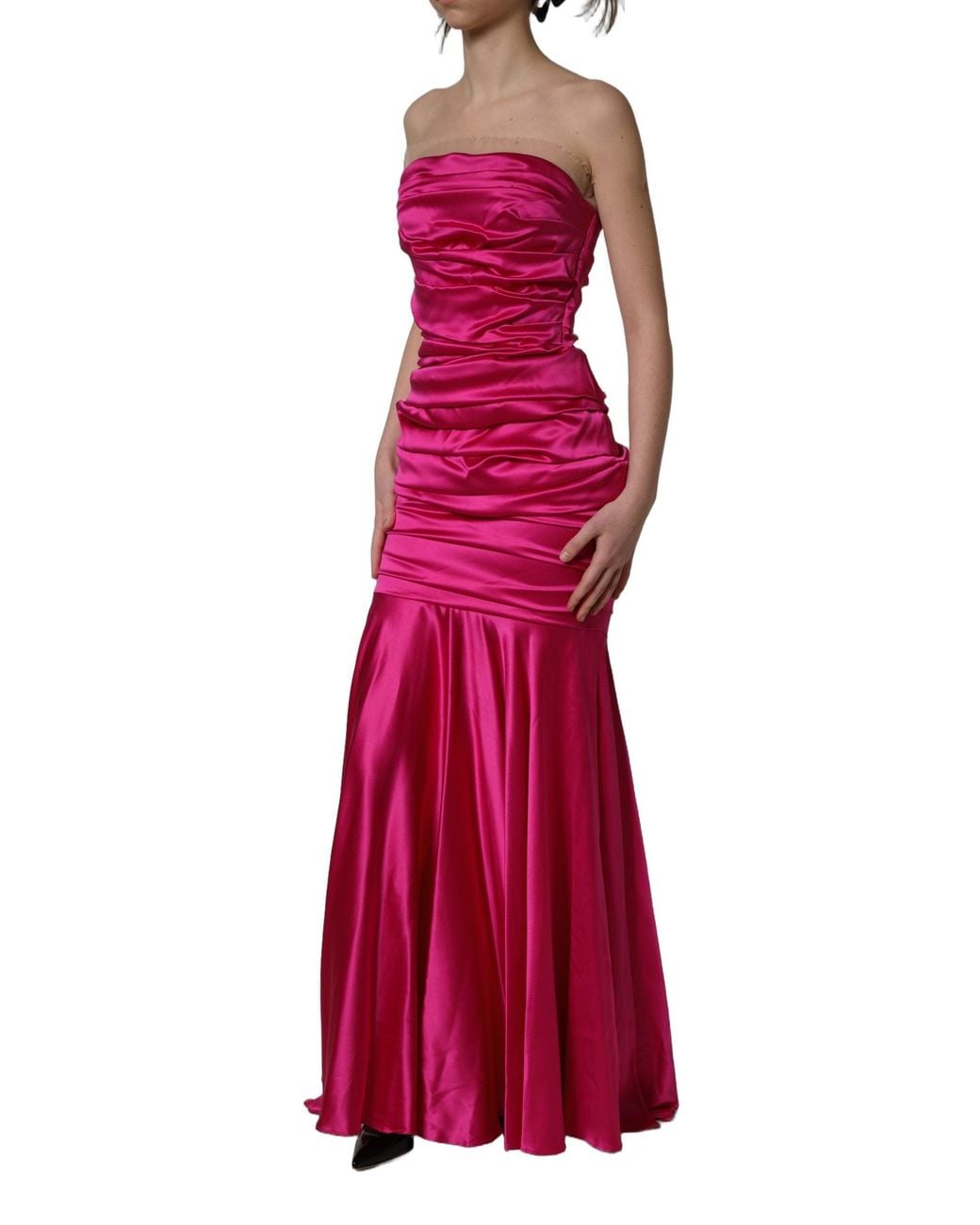 Dolce & Gabbana Red Hot Pink Ruched Satin Strapless Gown Dress