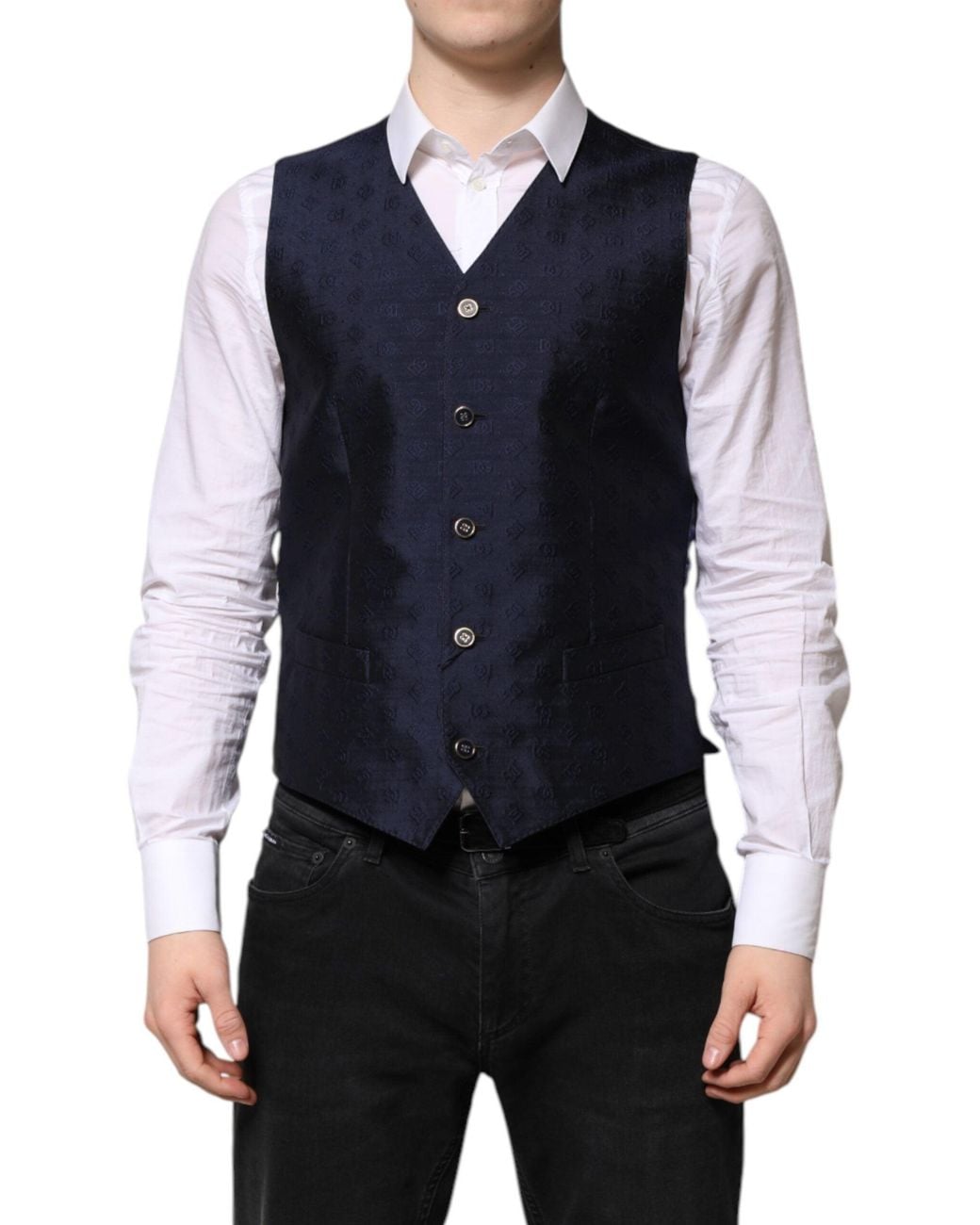 Dolce & Gabbana Blue Dark Logo Wool Formal Waistcoat Vest for men