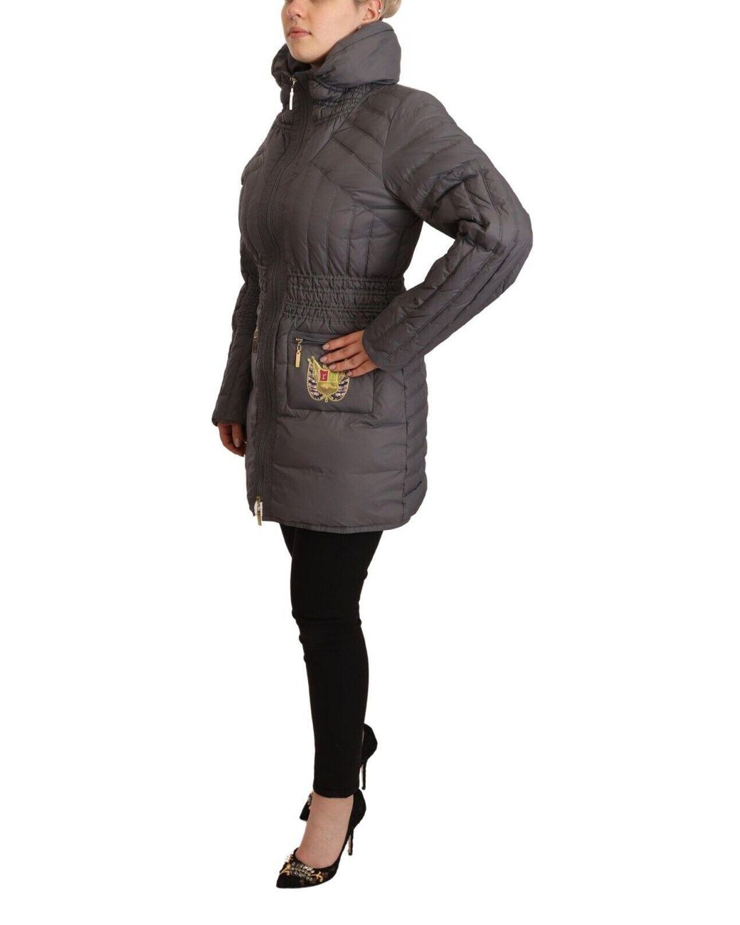 Rocco Barocco Black Gray Quilted Long Sleeves Logo Patch Full Zip Jacket