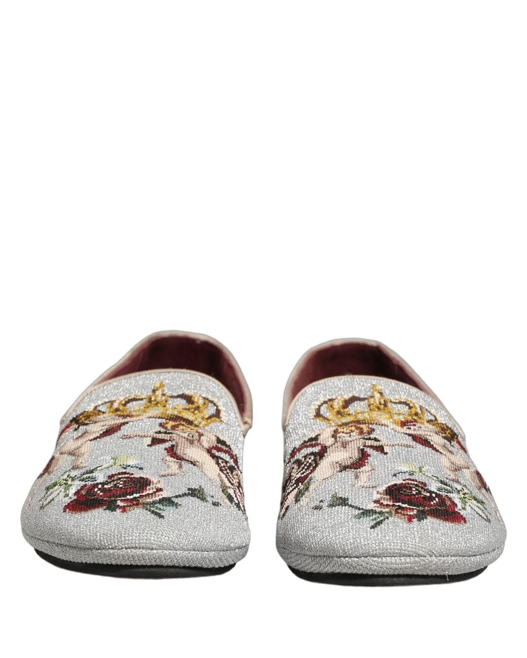 Dolce & Gabbana White Gray Crown Rose Angel Embroidery Loafer Shoes for men