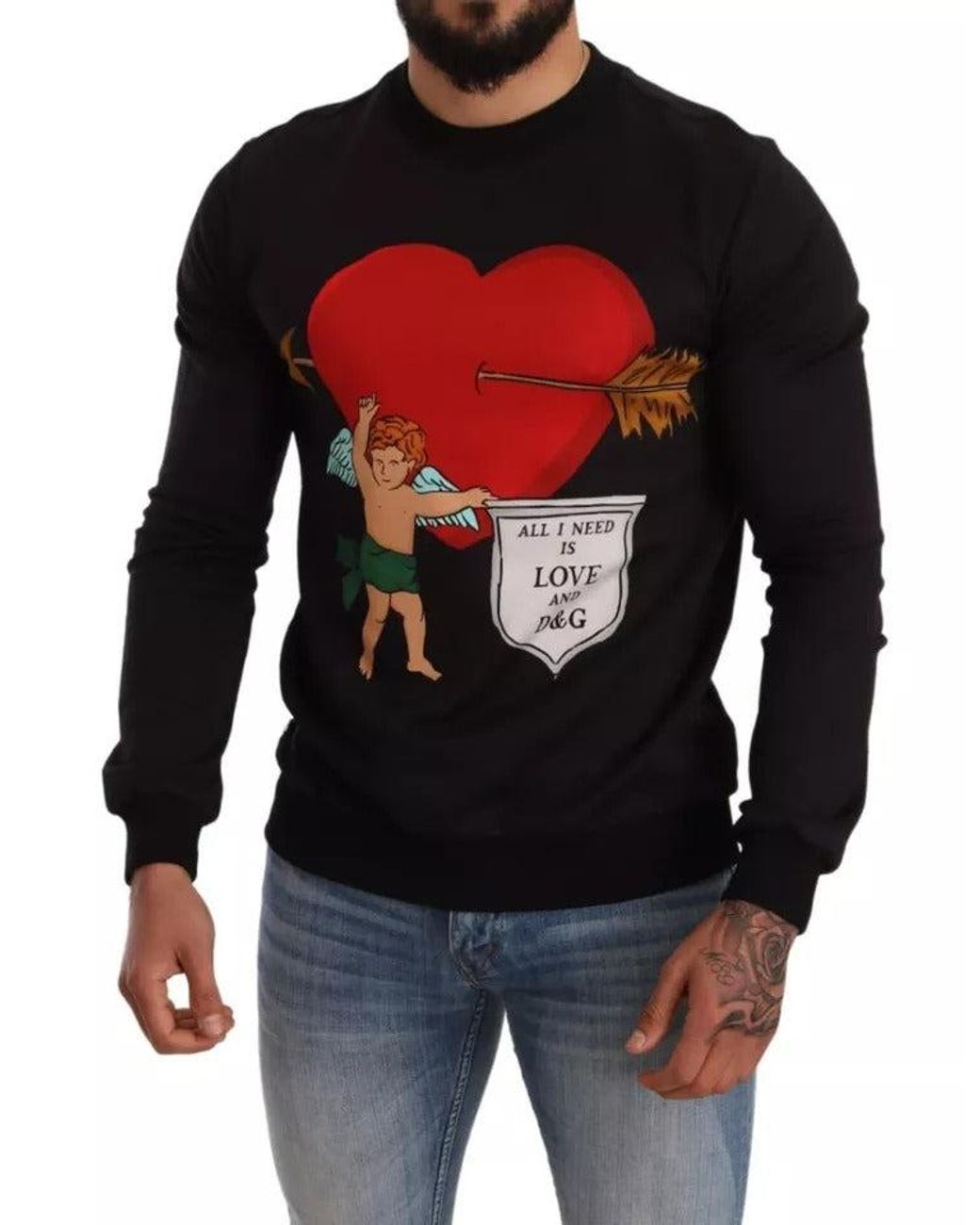 Dolce & Gabbana Black Cupid Heart Sweatshirt Long Sleeve Crewneck for men