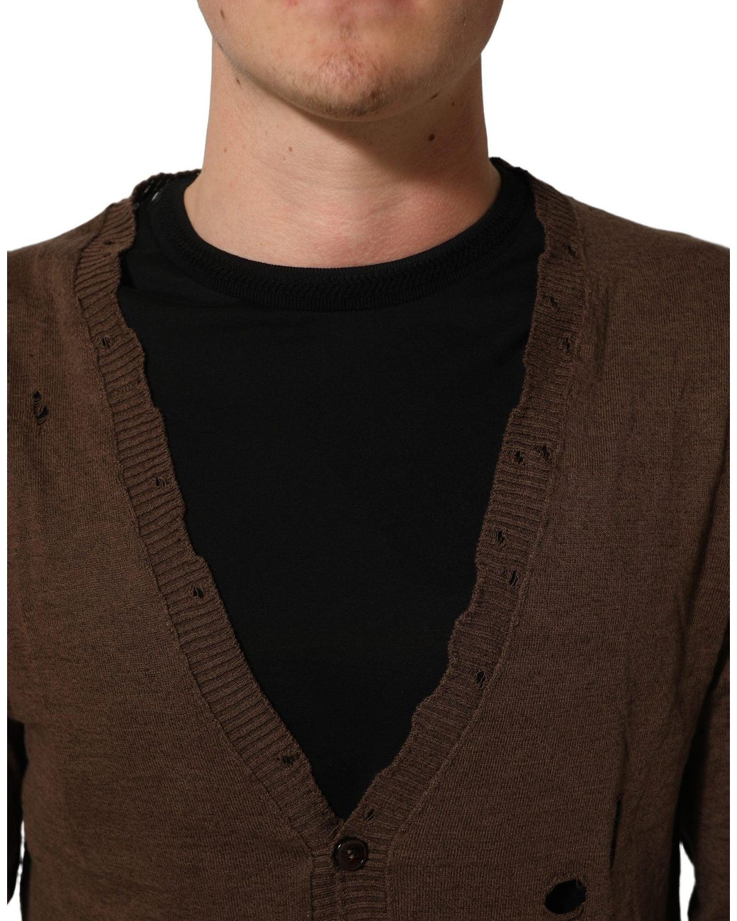 Dolce & Gabbana Brown Flax Buttoned V-Neck Pullover Sweater Cotton Clothing for men
