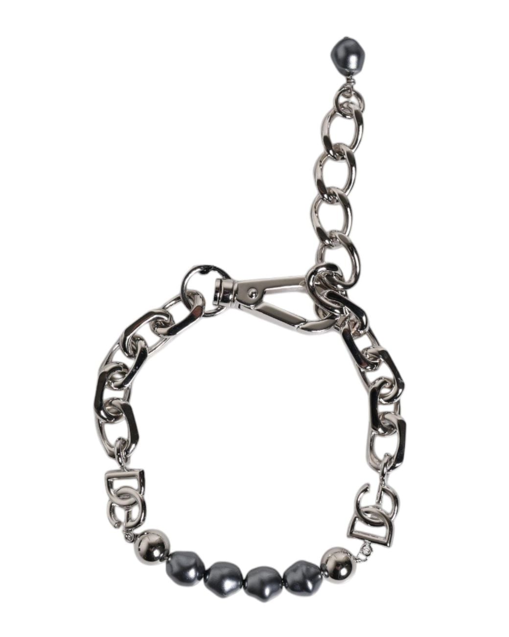 Dolce & Gabbana Metallic Tone Chain Lobster Clasp Logo Pearls Bracelet for men